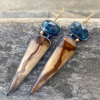 Petrified Oak Wood and Speckled Teal Kyanite Earrings